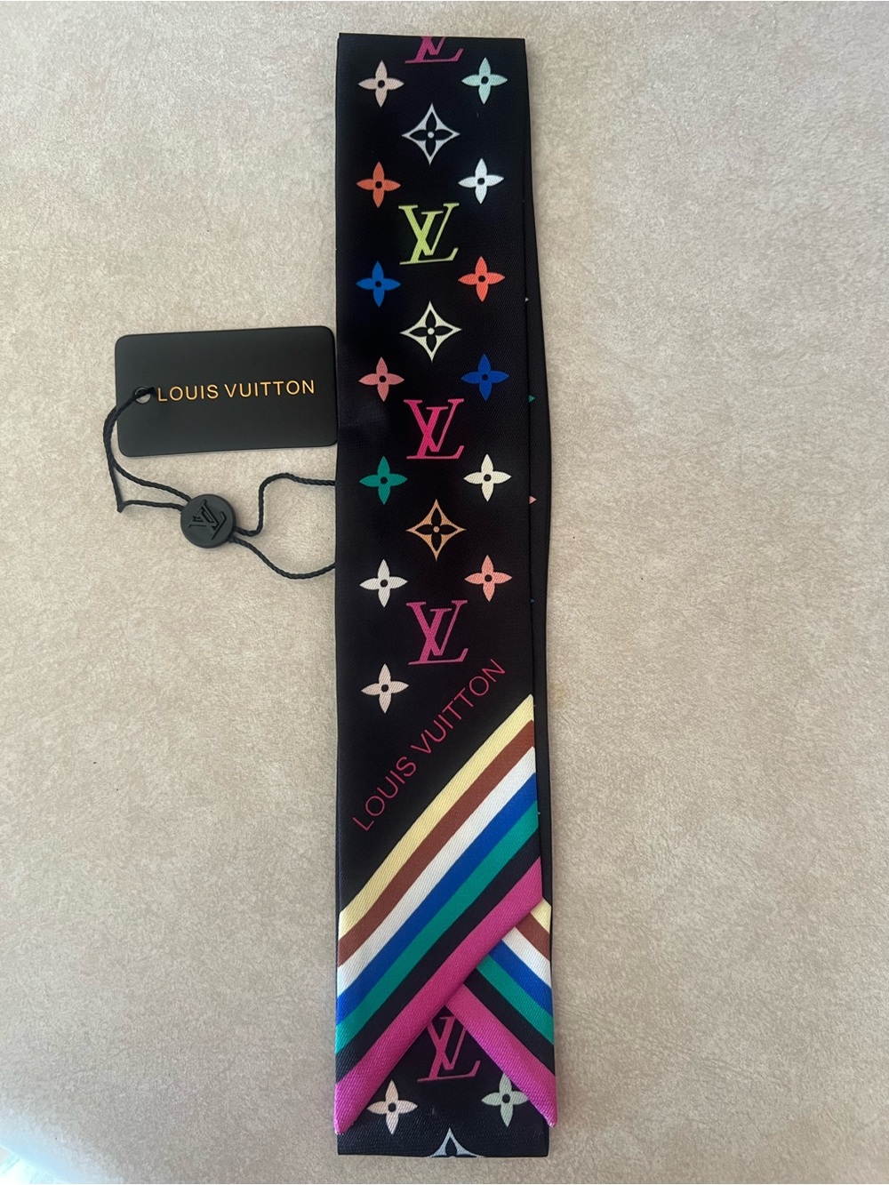 Louis Vuitton Black Multicolor Monogram Silk Twilly Scarf